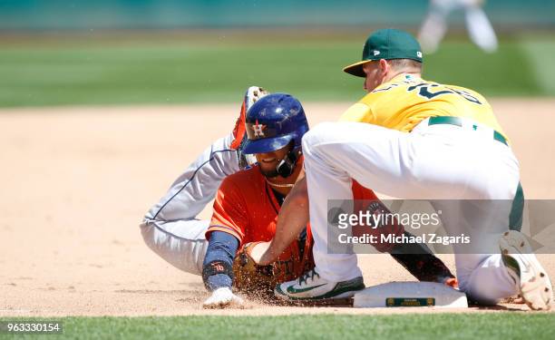 Matt Chapman of the Oakland Athletics tags Yuli Gurriel of the Houston Astros out at third during the game at the Oakland Alameda Coliseum on May 9,...