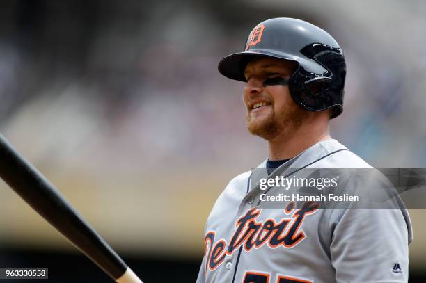 John Hicks of the Detroit Tigers looks on during the game against the Minnesota Twins on May 23, 2018 at Target Field in Minneapolis, Minnesota. The...