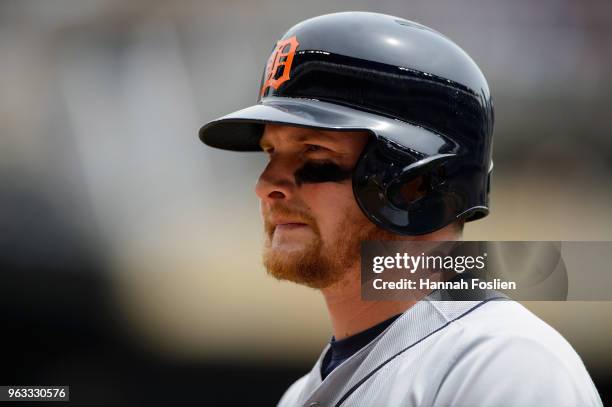 John Hicks of the Detroit Tigers looks on during the game against the Minnesota Twins on May 23, 2018 at Target Field in Minneapolis, Minnesota. The...