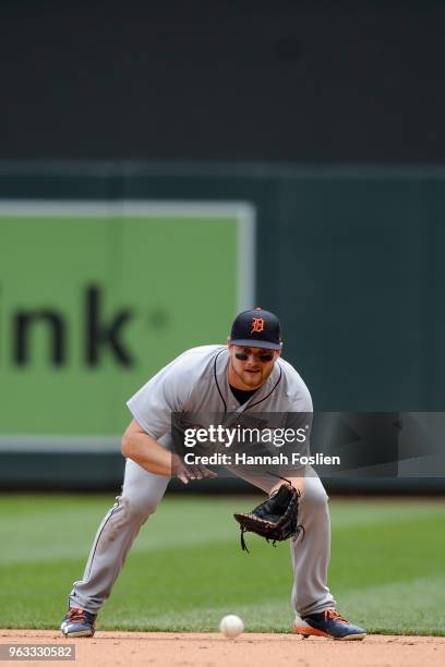 John Hicks of the Detroit Tigers makes a play at first base against the Minnesota Twins during the game on May 23, 2018 at Target Field in...