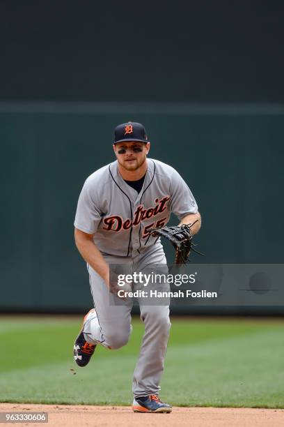 John Hicks of the Detroit Tigers makes a play at first base against the Minnesota Twins during the game on May 23, 2018 at Target Field in...