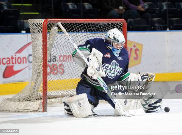 Calvin Pickard of the Seattle Thunderbirds warms up against the Kelowna Rockets at Prospera Place on January 27, 2010 in Kelowna, Canada.