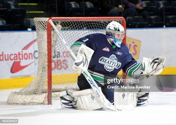 Calvin Pickard of the Seattle Thunderbirds warms up against the Kelowna Rockets at Prospera Place on January 27, 2010 in Kelowna, Canada.