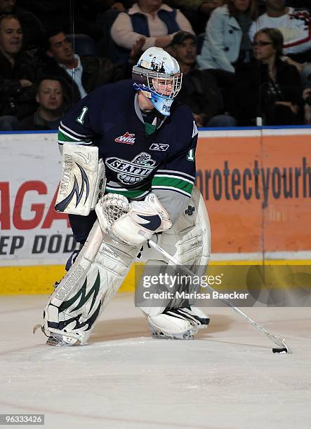 Calvin Pickard of the Seattle Thunderbirds defends the net against the Kelowna Rockets at Prospera Place on January 27, 2010 in Kelowna, Canada.