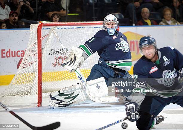 Calvin Pickard of the Seattle Thunderbirds makes a save against the Kelowna Rockets at Prospera Place on January 27, 2010 in Kelowna, Canada.