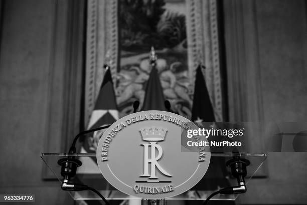 Speaker podium inside the Quirinale presidential palace in Rome, Italy before Carlo Cottarelli, former director of the IMF, speech on May 28, 2018....