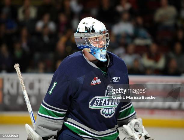 Calvin Pickard of the Seattle Thunderbirds defends the net against the Kelowna Rockets at Prospera Place on January 27, 2010 in Kelowna, Canada.