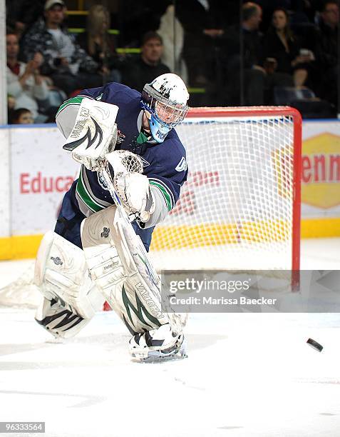 Calvin Pickard of the Seattle Thunderbirds defends the net against the Kelowna Rockets at Prospera Place on January 27, 2010 in Kelowna, Canada.