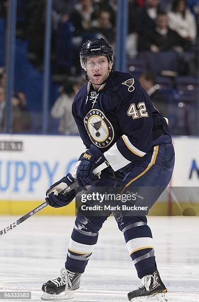 David Backes of the St. Louis Blues skates against the Columbus Blue Jackets on January 30, 2010 at Scottrade Center in St. Louis, Missouri.