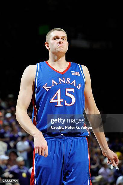 Center Cole Aldrich of the Kansas Jayhawks during a game against the Kansas State Wildcats on January 30, 2010 at Bramlage Coliseum in Manhattan,...