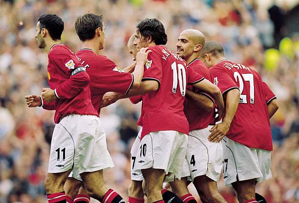 Manchester United Players celebrate scoring a goal during the FA Barclaycard Premiership match against Fulham played at Old Trafford in Manchester,...
