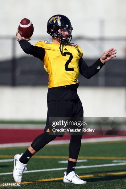 Johnny Manziel of the Hamilton Tiger-Cats takes part in a preseason practice session at Ron Joyce Stadium on May 28, 2018 in Hamilton, Canada.