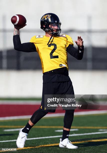 Johnny Manziel of the Hamilton Tiger-Cats takes part in a preseason practice session at Ron Joyce Stadium on May 28, 2018 in Hamilton, Canada.