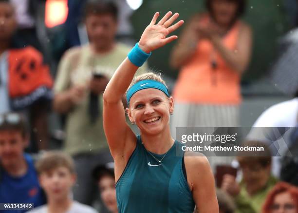 Lucie Safarova of Czech Republic celebrates victory during the ladies singles first round match against Jessica Ponchet of France during day two of...