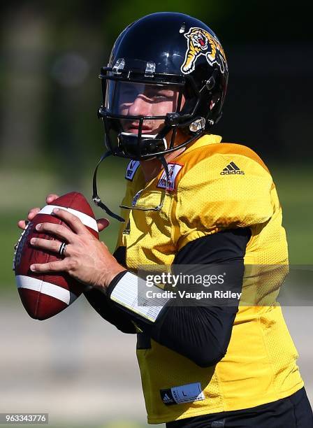 Johnny Manziel of the Hamilton Tiger-Cats takes part in a preseason practice session at Ron Joyce Stadium on May 28, 2018 in Hamilton, Canada.