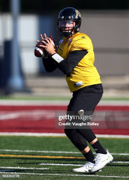 Johnny Manziel of the Hamilton Tiger-Cats takes part in a preseason practice session at Ron Joyce Stadium on May 28, 2018 in Hamilton, Canada.