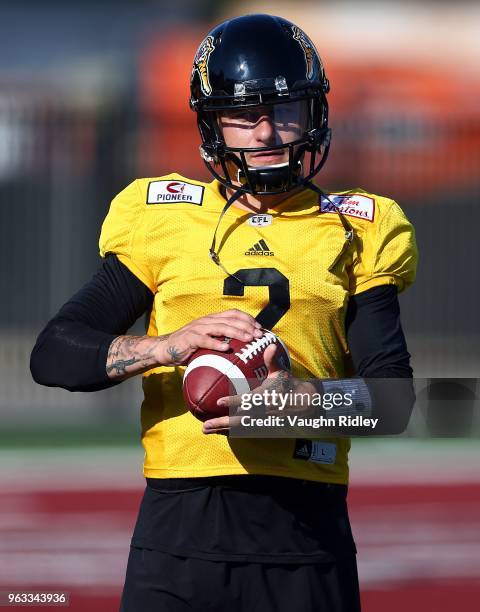 Johnny Manziel of the Hamilton Tiger-Cats takes part in a preseason practice session at Ron Joyce Stadium on May 28, 2018 in Hamilton, Canada.