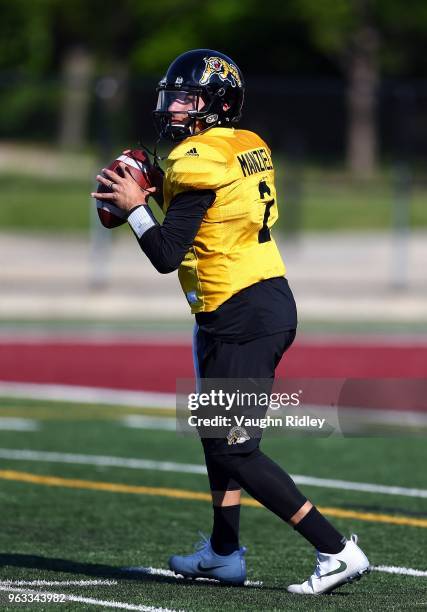 Johnny Manziel of the Hamilton Tiger-Cats takes part in a preseason practice session at Ron Joyce Stadium on May 28, 2018 in Hamilton, Canada.