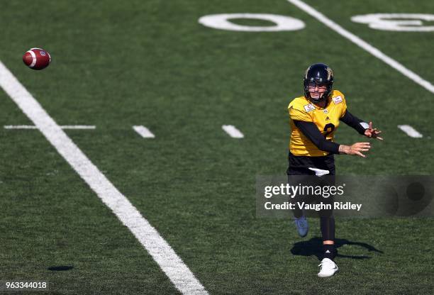 Johnny Manziel of the Hamilton Tiger-Cats takes part in a preseason practice session at Ron Joyce Stadium on May 28, 2018 in Hamilton, Canada.