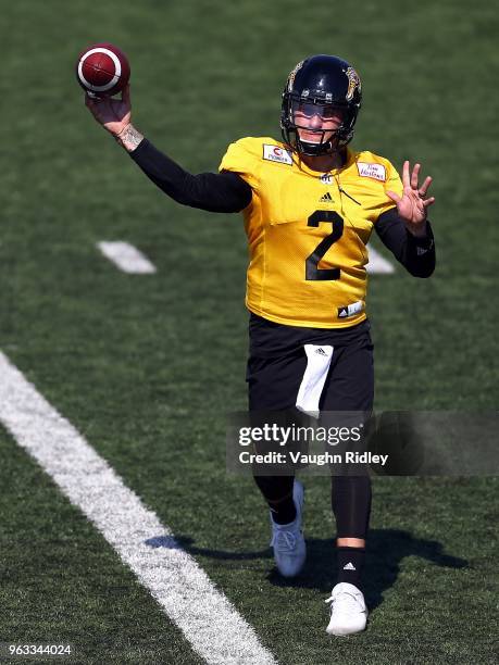 Johnny Manziel of the Hamilton Tiger-Cats takes part in a preseason practice session at Ron Joyce Stadium on May 28, 2018 in Hamilton, Canada.