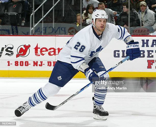 Colton Orr of the Toronto Maple Leafs skates against the New Jersey Devils during their game at the Prudential Center on January 29, 2010 in Newark,...