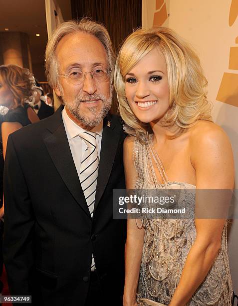 President/CEO of the Recording Academy Neil Portnow and singer Carrie Underwood arrive at the 52nd Annual GRAMMY Awards - Salute To Icons Honoring...