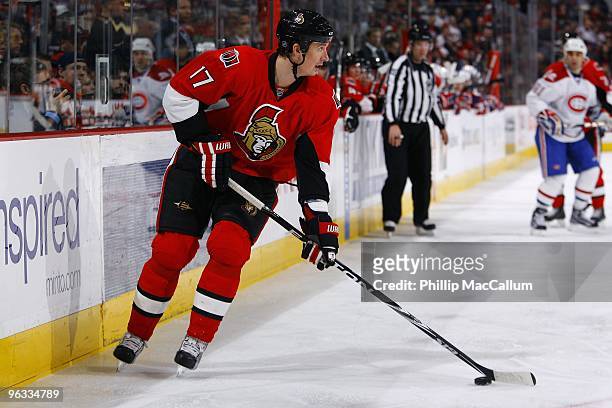 Filip Kuba of the Ottawa Senators handles the puck against the Montreal Canadiens during a game at Scotiabank Place on January 30, 2010 in Ottawa,...