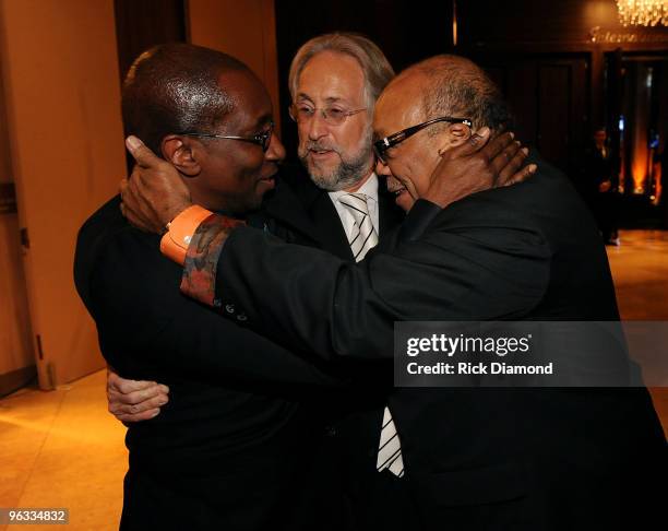 Musician/producer Greg Phillinganes, President/CEO of the Recording Academy Neil Portnow and producer/musician Quincy Jones attend the 52nd Annual...