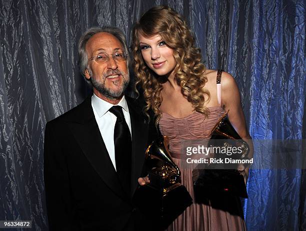 Recording Academy President Neil Portnow and musician Taylor Swift attend the 52nd Annual GRAMMY Awards pre-telecast held at Staples Center on...