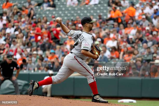 Starting pitcher Gio Gonzalez of the Washington Nationals throws to a Baltimore Orioles batter in the first inning at Oriole Park at Camden Yards on...