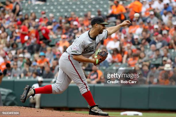 Starting pitcher Gio Gonzalez of the Washington Nationals throws to a Baltimore Orioles batter in the first inning at Oriole Park at Camden Yards on...