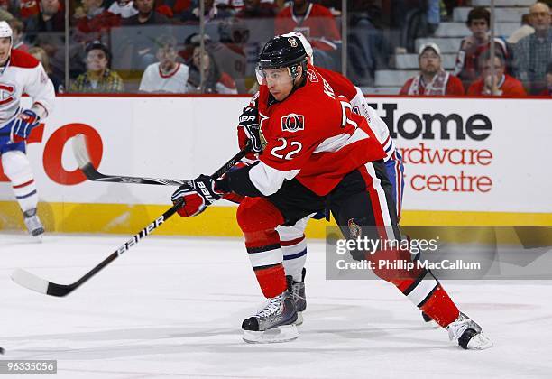 Chris Kelly of the Ottawa Senators passes the puck against the Montreal Canadiens during a game at Scotiabank Place on January 30, 2010 in Ottawa,...