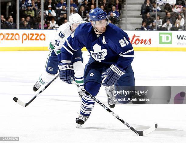 Francois Beauchemin of the Toronto Maple Leafs skates up the ice during game action against the Vancouver Canucks January 30, 2010 at the Air Canada...