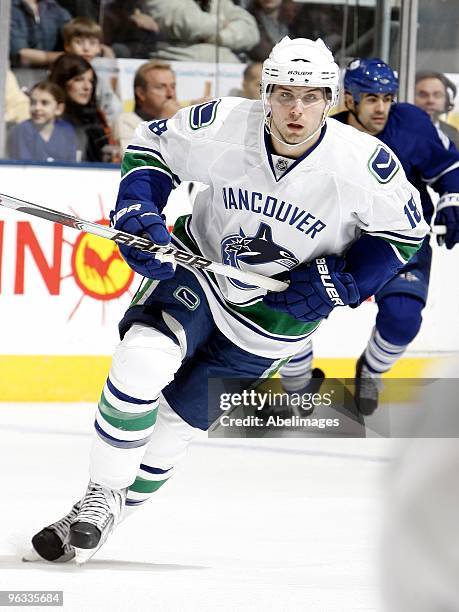 Steve Bernier of the Vancouver Canucks skates up the ice during game action against the Toronto Maple Leafs January 30, 2010 at the Air Canada Centre...