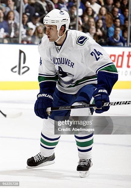 Darcy Hordichuk of the Vancouver Canucks skates up the ice during game action against the Toronto Maple Leafs January 30, 2010 at the Air Canada...