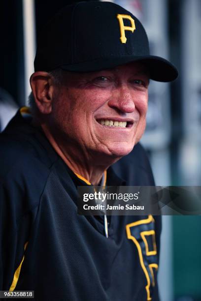 Manager Clint Hurdle of the Pittsburgh Pirates watches his team play against the Cincinnati Reds at Great American Ball Park on May 23, 2018 in...