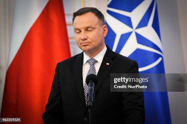 Poland president Andrzej Duda is seen during a press conference with NATO Secretary General Jens Stoltenberg in Warsaw, Poland on May 28, 2018. On...