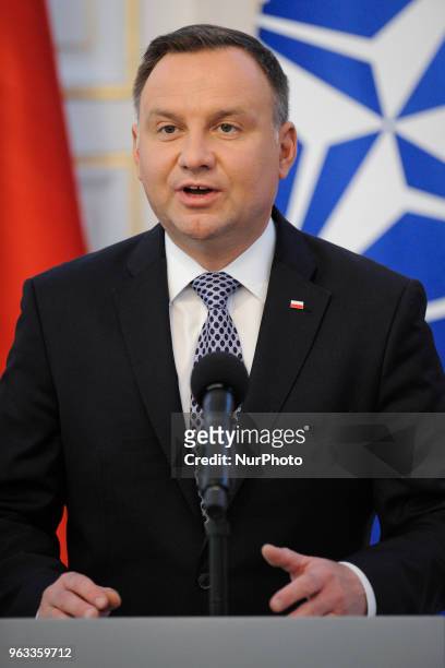 Poland president Andrzej Duda is seen during a press conference with NATO Secretary General Jens Stoltenberg in Warsaw, Poland on May 28, 2018. On...