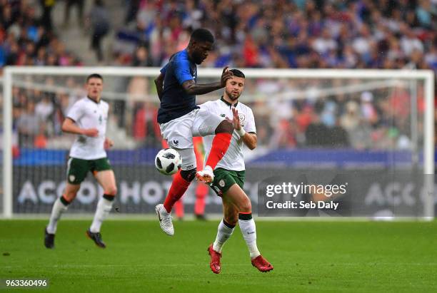 Paris , France - 28 May 2018; Samuel Umtiti of France in action against Shane Long of Republic of Ireland during the International Friendly match...