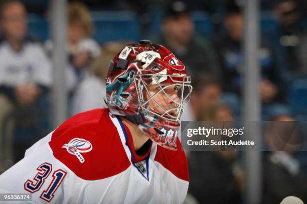 Goaltender Carey Price of the Montreal Canadiens defends the goal against the Tampa Bay Lightning at the St. Pete Times Forum on January 27, 2010 in...