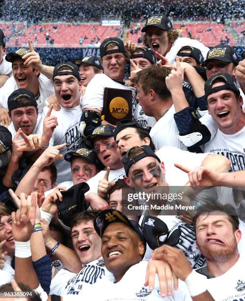 The Yale Bulldogs celebrate after defeating the Duke Blue Devils 13-11 in the 2018 NCAA Division I Men's Lacrosse Championship game at Gillette...