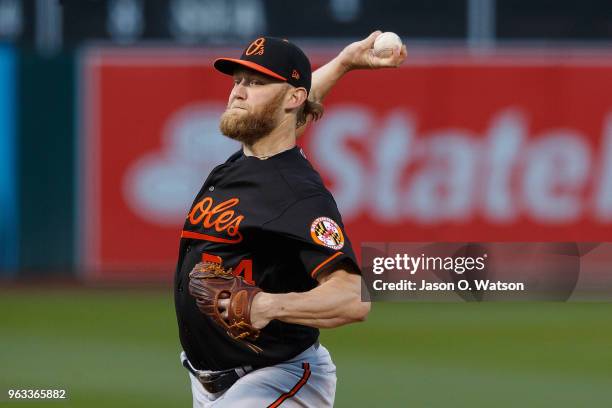Andrew Cashner of the Baltimore Orioles pitches against the Oakland Athletics during the first inning at the Oakland Coliseum on May 4, 2018 in...