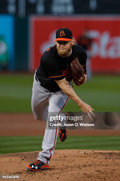 Andrew Cashner of the Baltimore Orioles pitches against the Oakland Athletics during the first inning at the Oakland Coliseum on May 4, 2018 in...