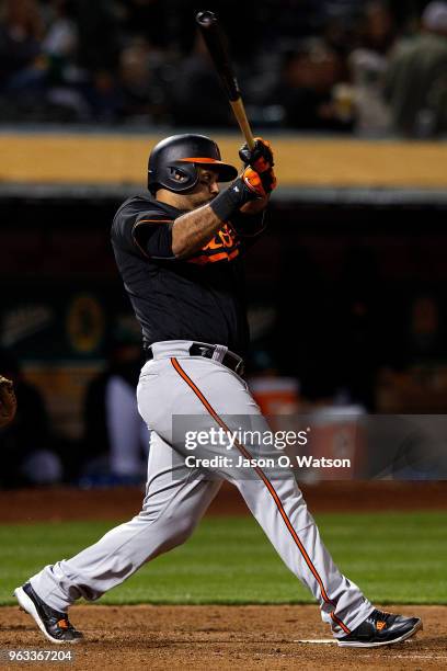 Pedro Alvarez of the Baltimore Orioles at bat against the Oakland Athletics during the eighth inning at the Oakland Coliseum on May 4, 2018 in...