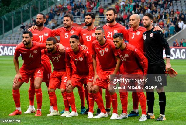 Tunisia's squad forward Saber Khalifa, defender Oussama Haddadi, midfielder Ferjani Sassi, defender Hamdi Nagguez, defender Yohan Benalouane,...