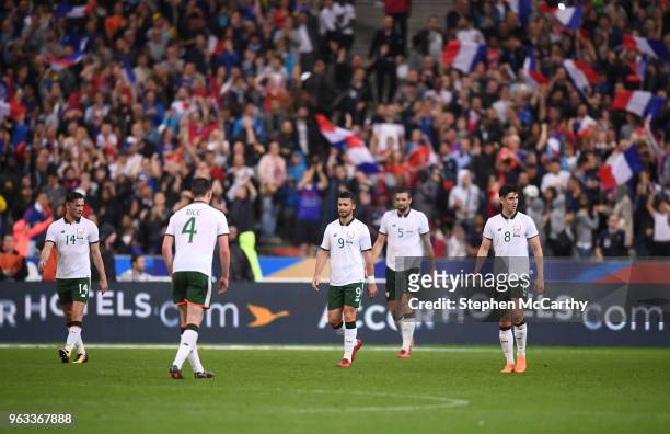 Paris , France - 28 May 2018; Republic of Ireland players, from right to left Callum O'Dowda, Shane Duffy, Shane Long, Declan Rice and Alan Browne...