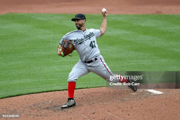 Starting pitcher Gio Gonzalez of the Washington Nationals throws to a Baltimore Orioles batter in the sixth inning at Oriole Park at Camden Yards on...