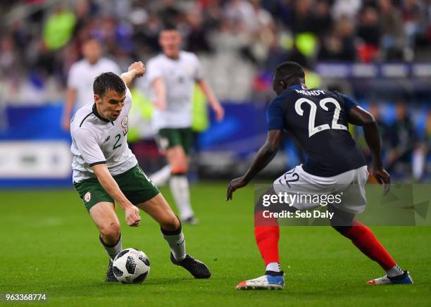 Paris , France - 28 May 2018; Seamus Coleman of Republic of Ireland in action against Benjamin Mendy of France during the International Friendly...