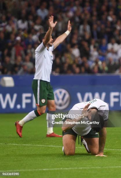 Paris , France - 28 May 2018; Shane Duffy and Shane Long of Republic of Ireland react after a missed chance during the International Friendly match...