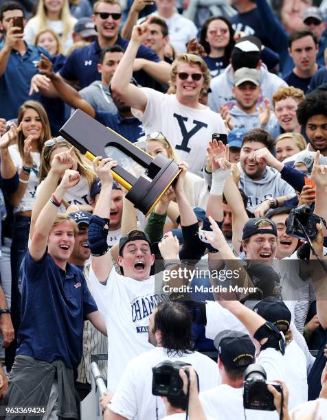 Jerry O'Connor of the Yale Bulldogs celebrates with fans after the Bulldogs defeat the Duke Blue Devils 13-11 in the 2018 NCAA Division I Men's...